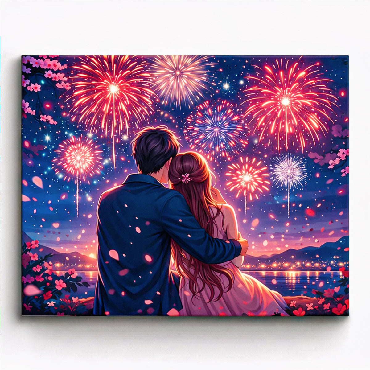 anime romantic couple watching fireworks together by lake at night paint by numbers design
