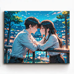 anime romantic couple leaning together overlooking city lights at night paint by numbers design