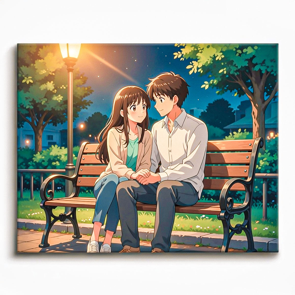 anime romantic couple sitting together on park bench at night under warm streetlight paint by numbers design