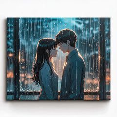 anime romantic couple standing together behind rain covered window at night paint by numbers design