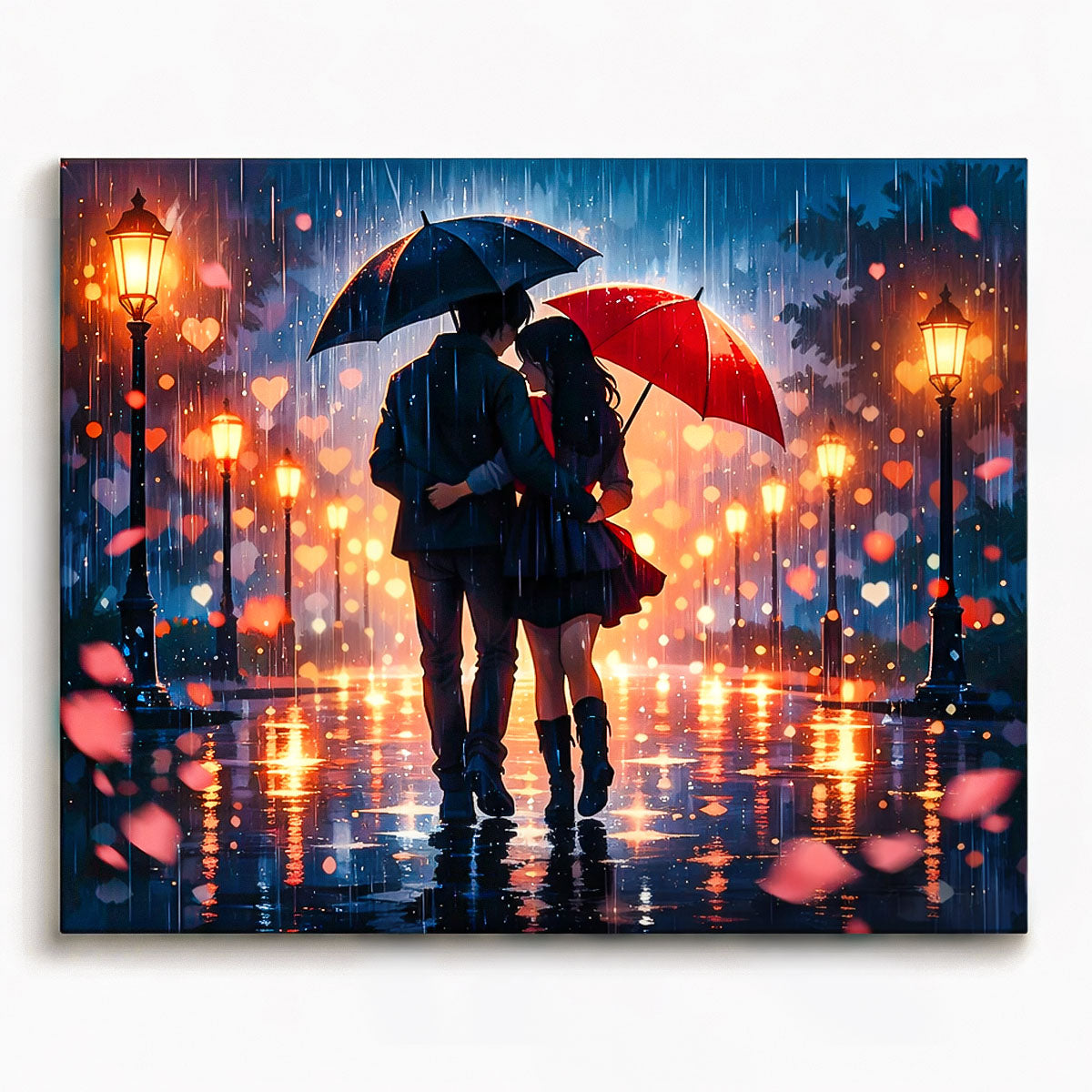 anime romantic couple walking together under umbrellas in glowing rainy night street paint by numbers design