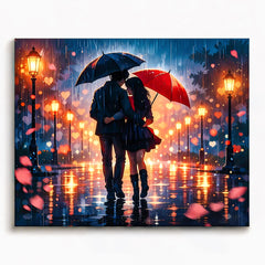 anime romantic couple walking together under umbrellas in glowing rainy night street paint by numbers design