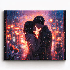 anime romantic couple standing together behind rain covered window with glowing city lights paint by numbers design