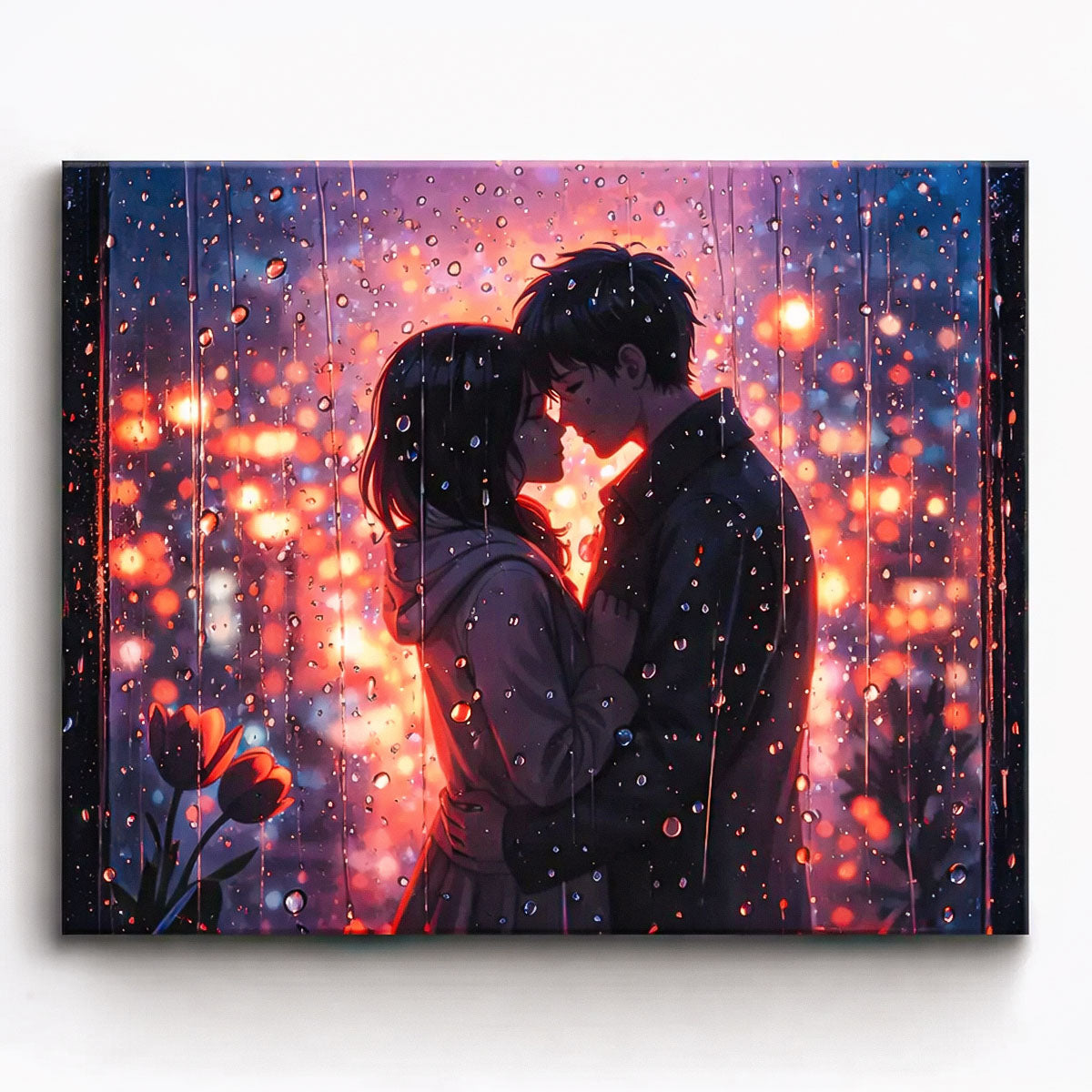 anime romantic couple standing together behind rain covered window with glowing city lights paint by numbers design