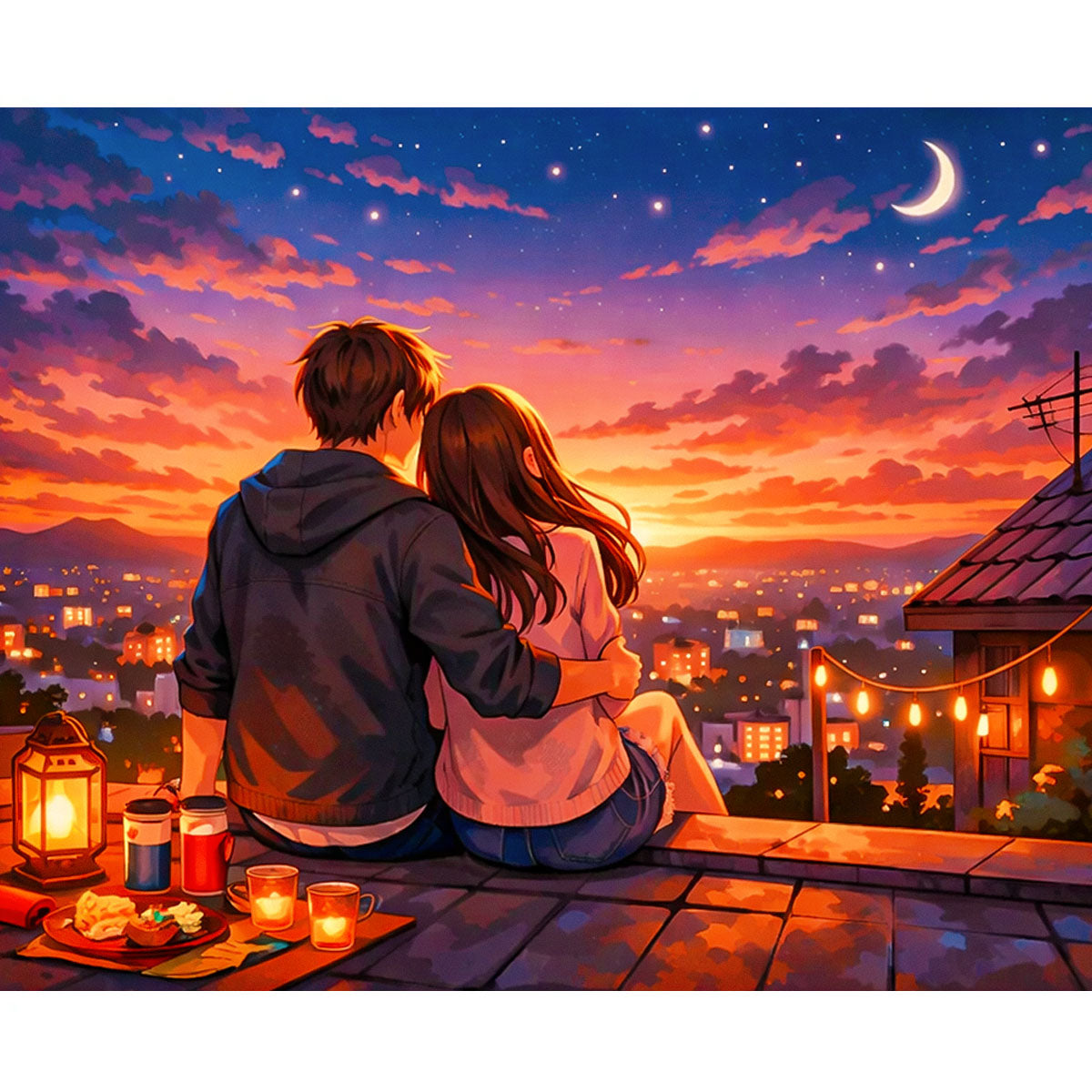 Romantic Rooftop Evening Anime Paint by Numbers Kit-2