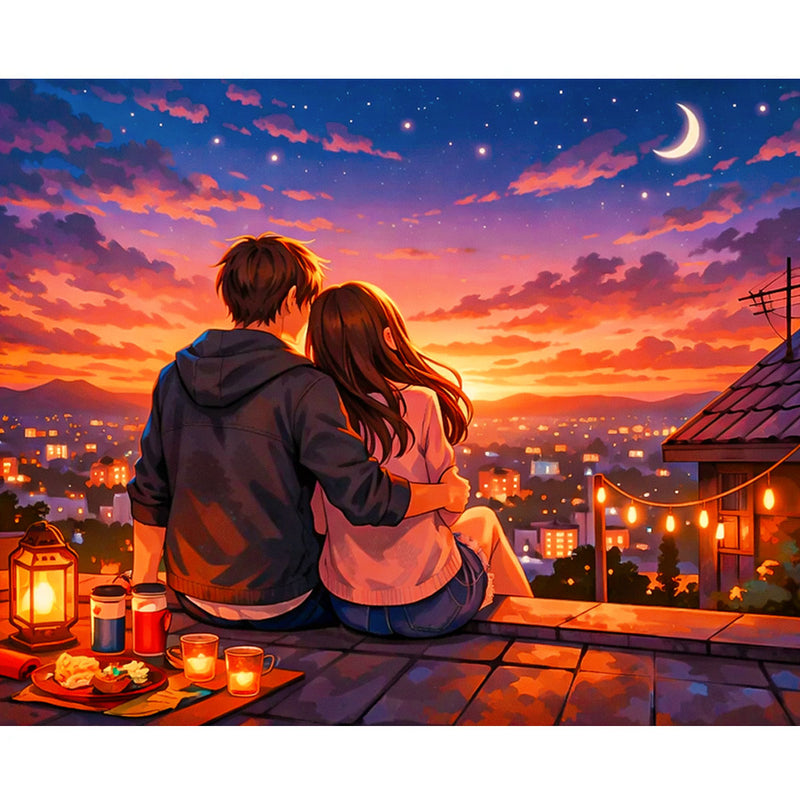 Romantic Rooftop Evening Anime Paint by Numbers Kit-zoom-