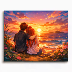 anime romantic couple sitting together watching ocean sunset paint by numbers design