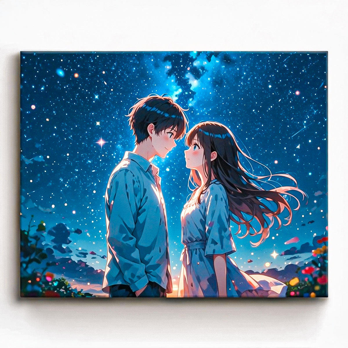 anime romantic couple standing together under bright starry night sky paint by numbers design