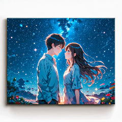 anime romantic couple standing together under bright starry night sky paint by numbers design