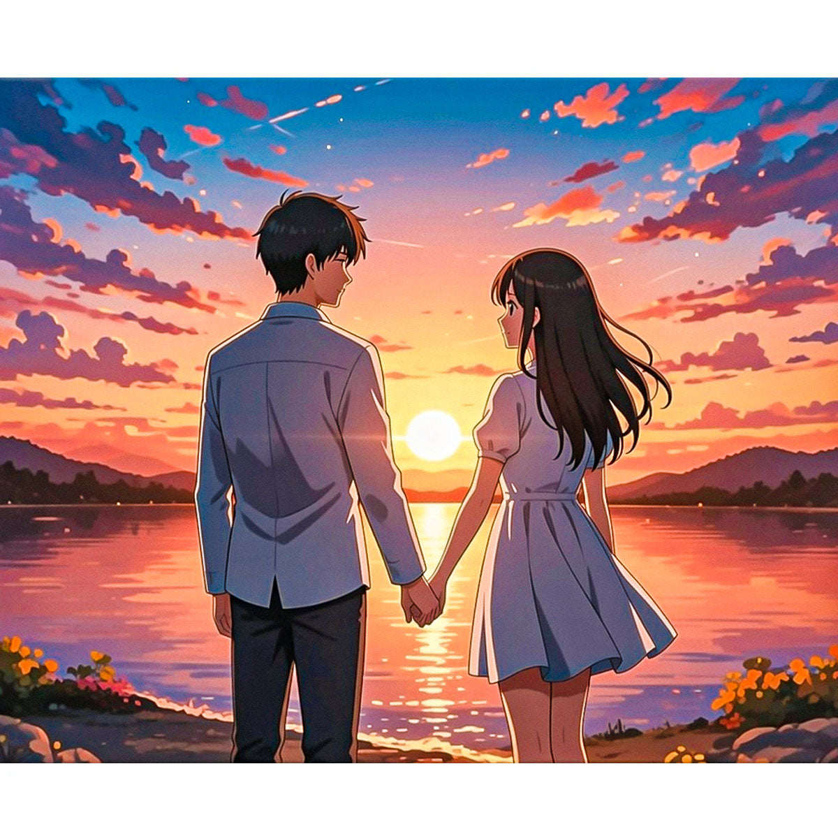 Sunset Lake Anime Couple Paint by Numbers Kit