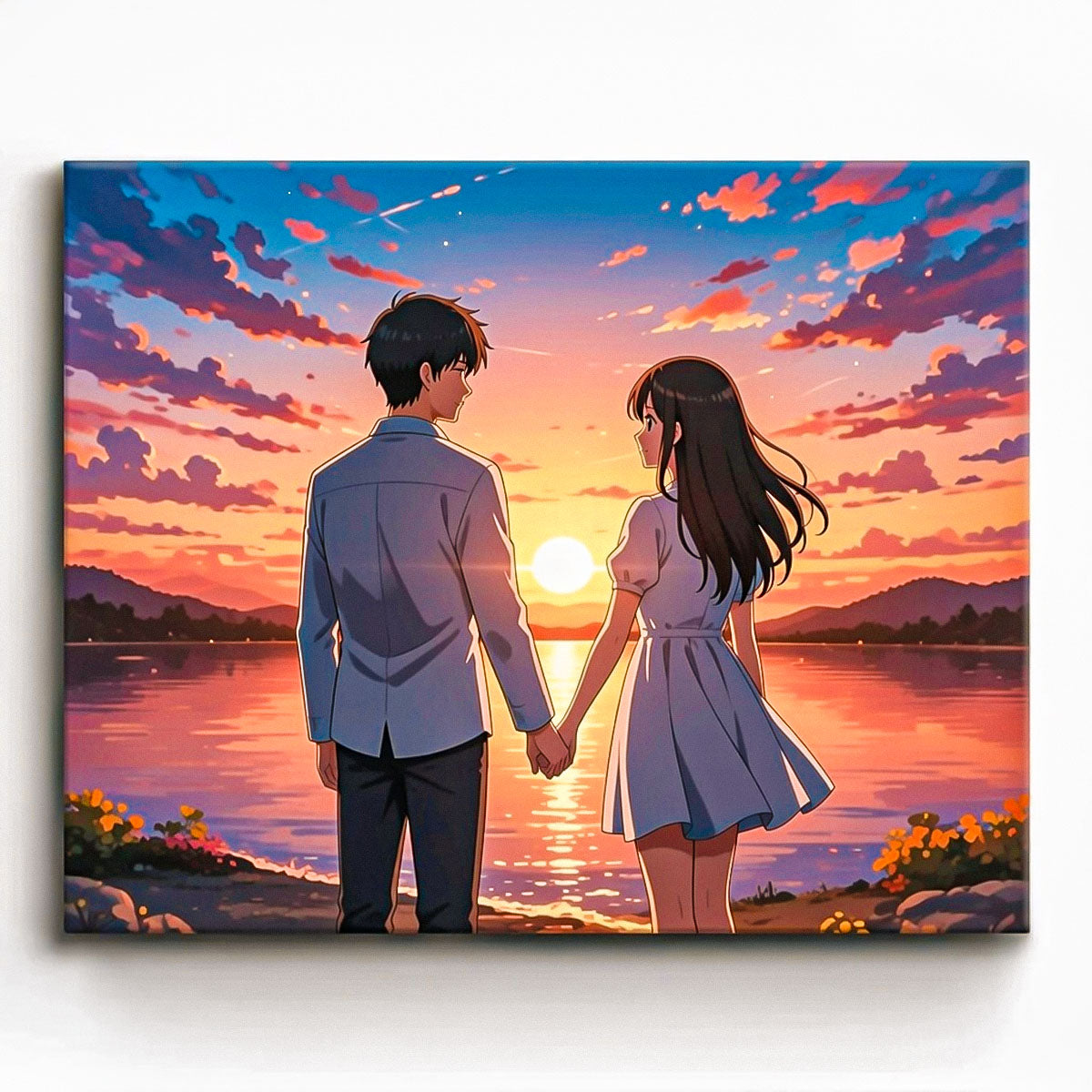 anime romantic couple holding hands by lake during colorful sunset paint by numbers design