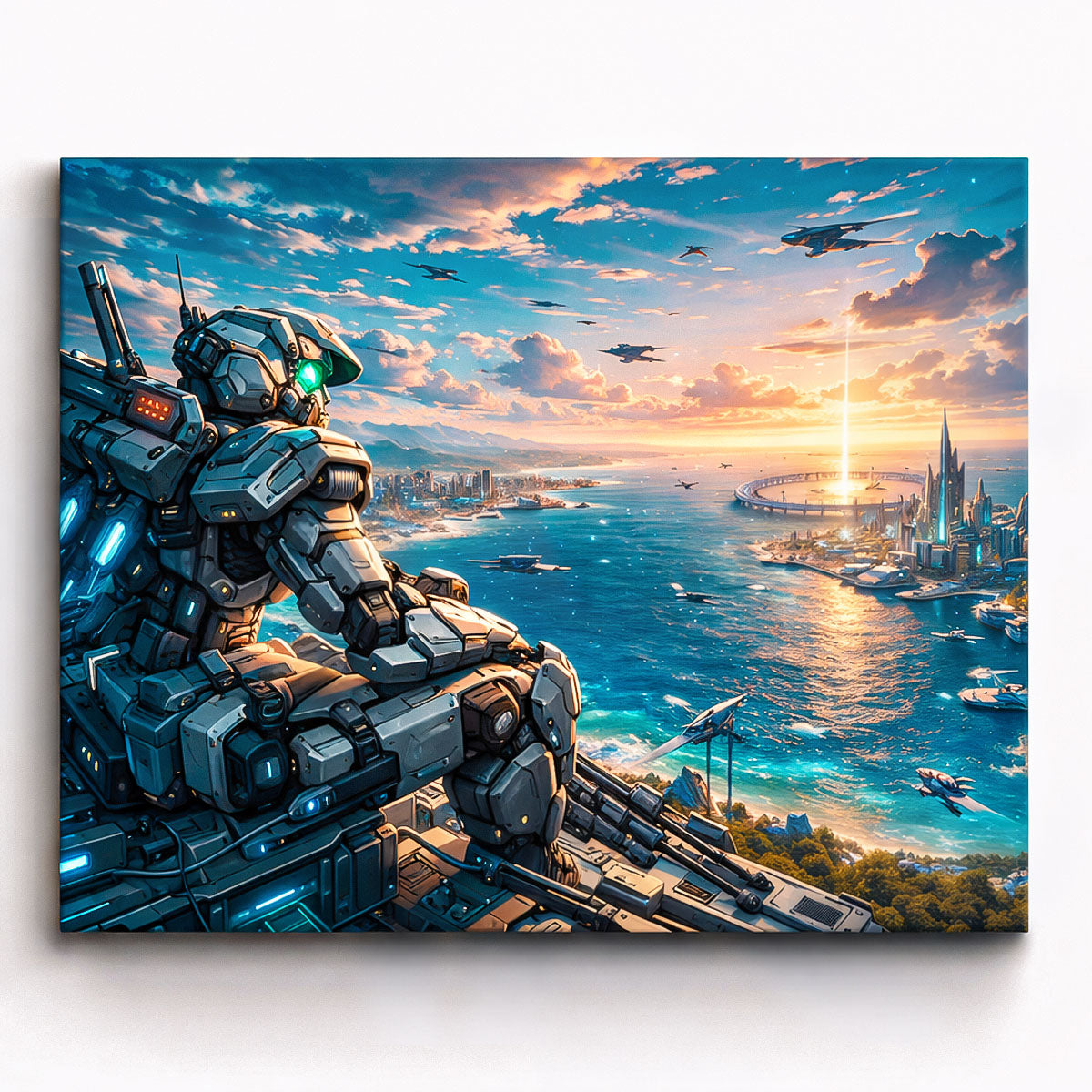 anime tactical mecha overlooking futuristic coastal megacity at sunset paint by numbers design