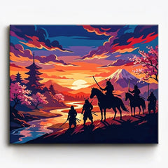 anime samurai travelers overlooking river at sunset with mount fuji pagoda silhouettes and cherry blossoms paint by numbers design