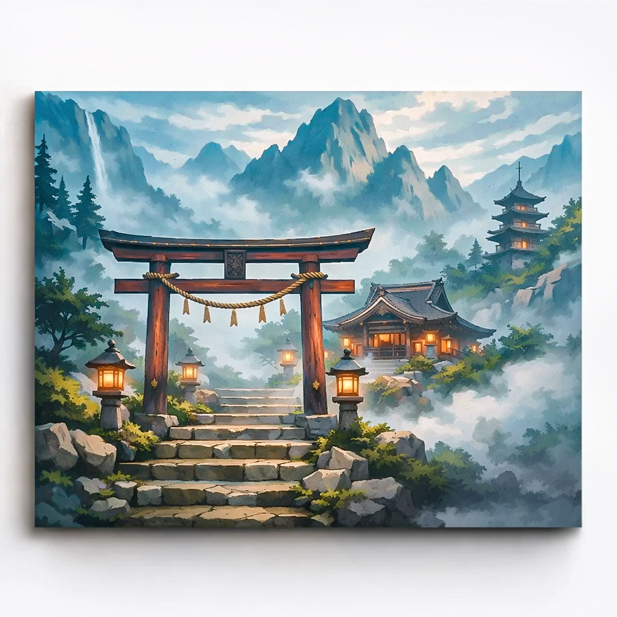 anime torii gate leading to mountain shrine with lanterns misty mountains and distant pagoda paint by numbers design