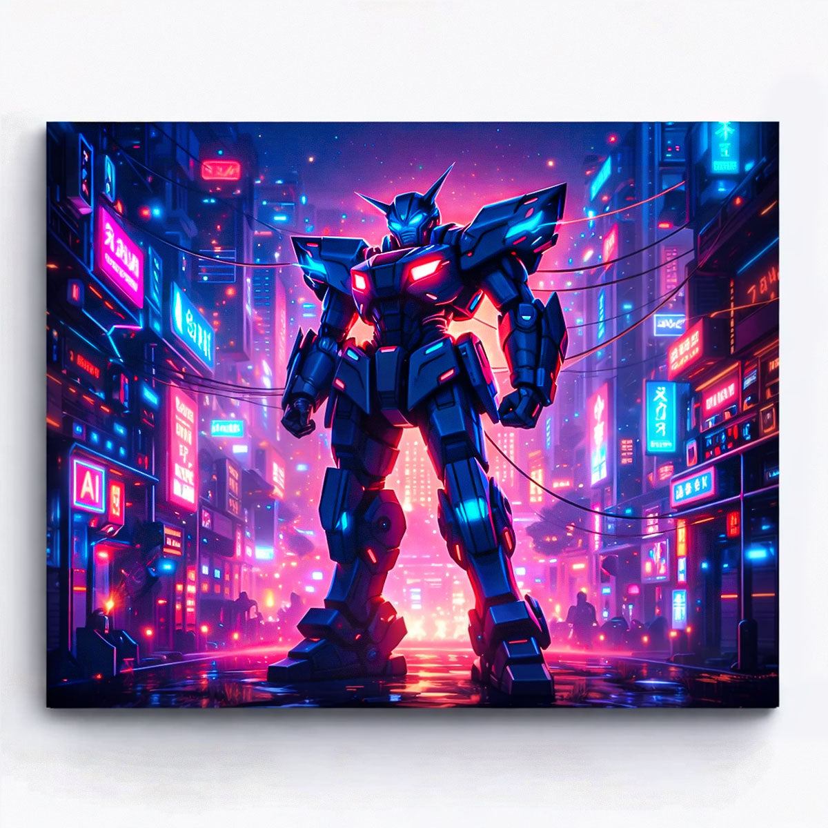 anime mecha robot standing in neon cyberpunk city street paint by numbers design