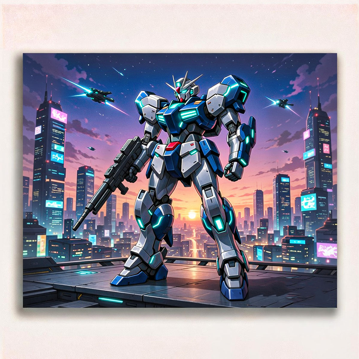 anime armed mecha robot standing on futuristic rooftop above sunset skyline paint by numbers design