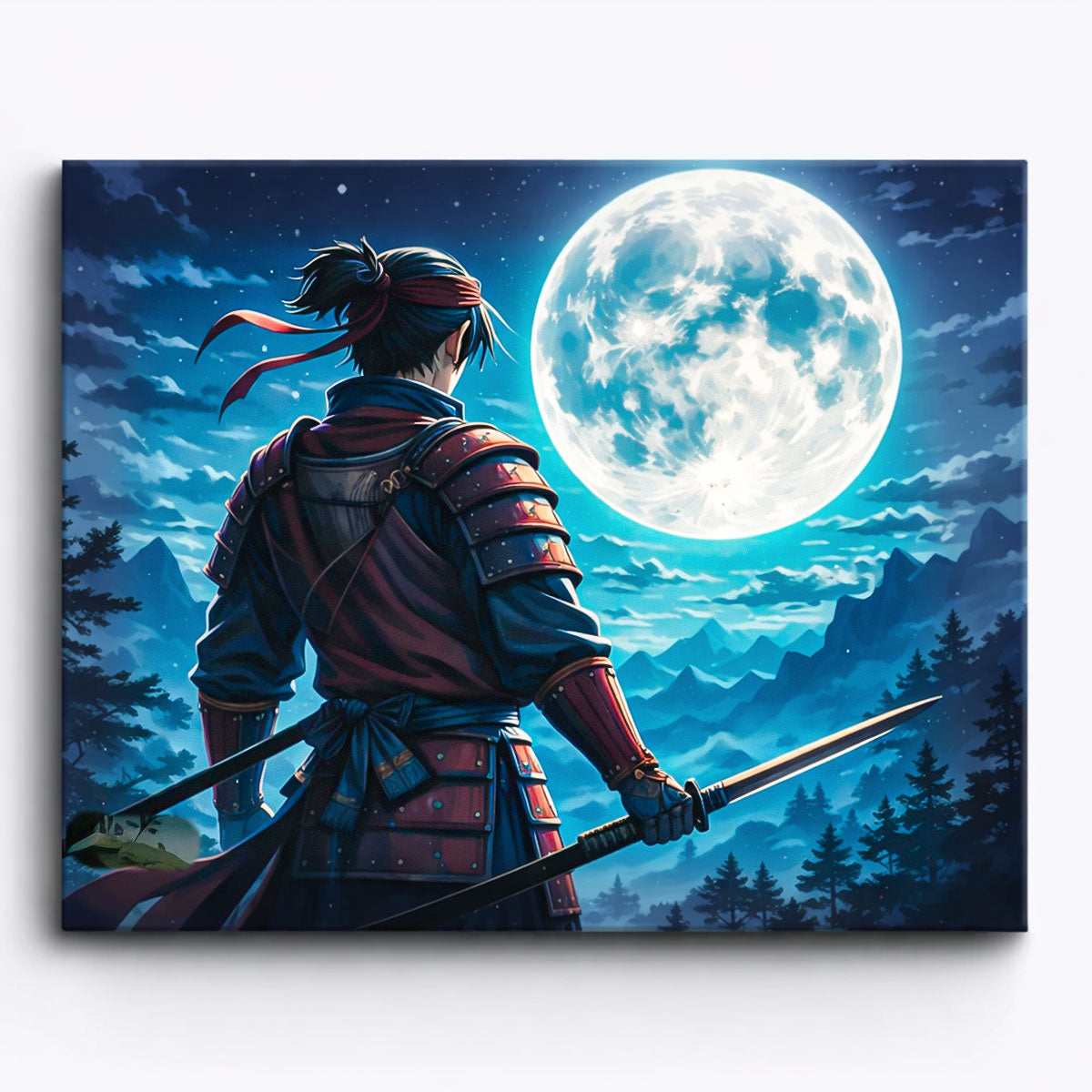 anime warrior standing under full moon above mountain forest landscape holding sword night sky paint by numbers design