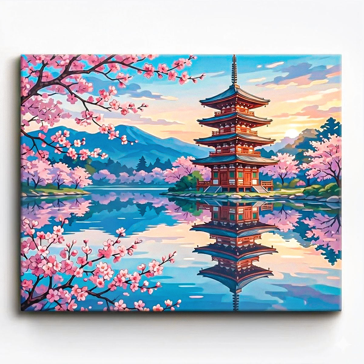 anime japanese pagoda reflected in lake surrounded by cherry blossoms and mountains paint by numbers design