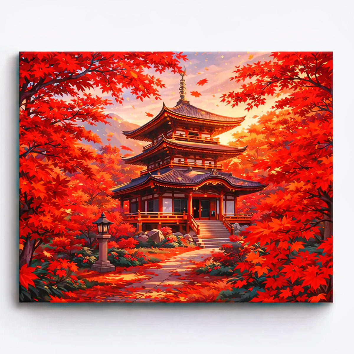 anime japanese temple surrounded by bright red maple trees and autumn leaves falling in garden paint by numbers design