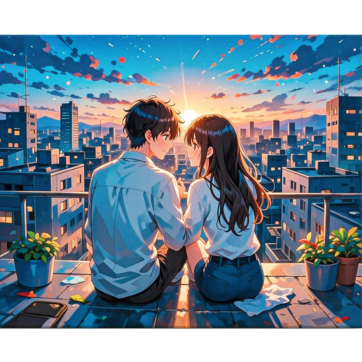 Rooftop Sunset Anime Couple Paint by Numbers Kit-zoom-2