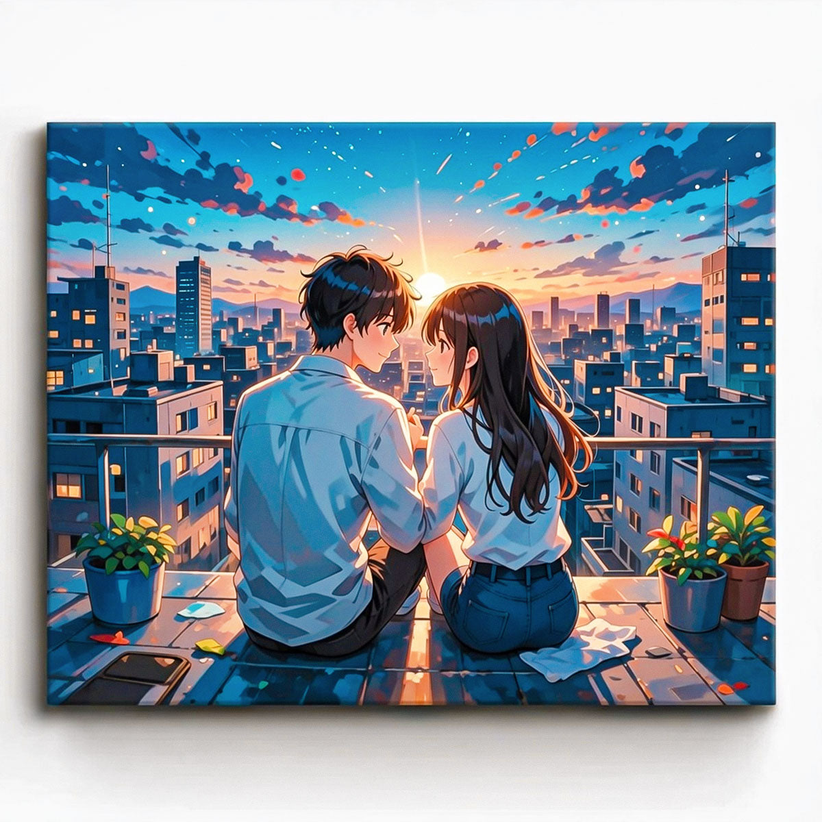 anime romantic couple sitting together on rooftop overlooking sunset city skyline paint by numbers design