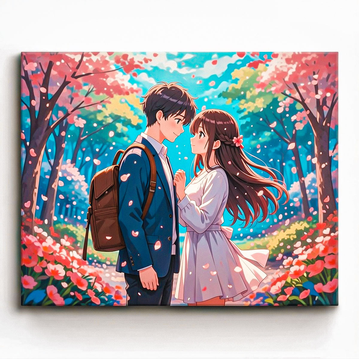 anime romantic couple standing together in cherry blossom spring forest paint by numbers design