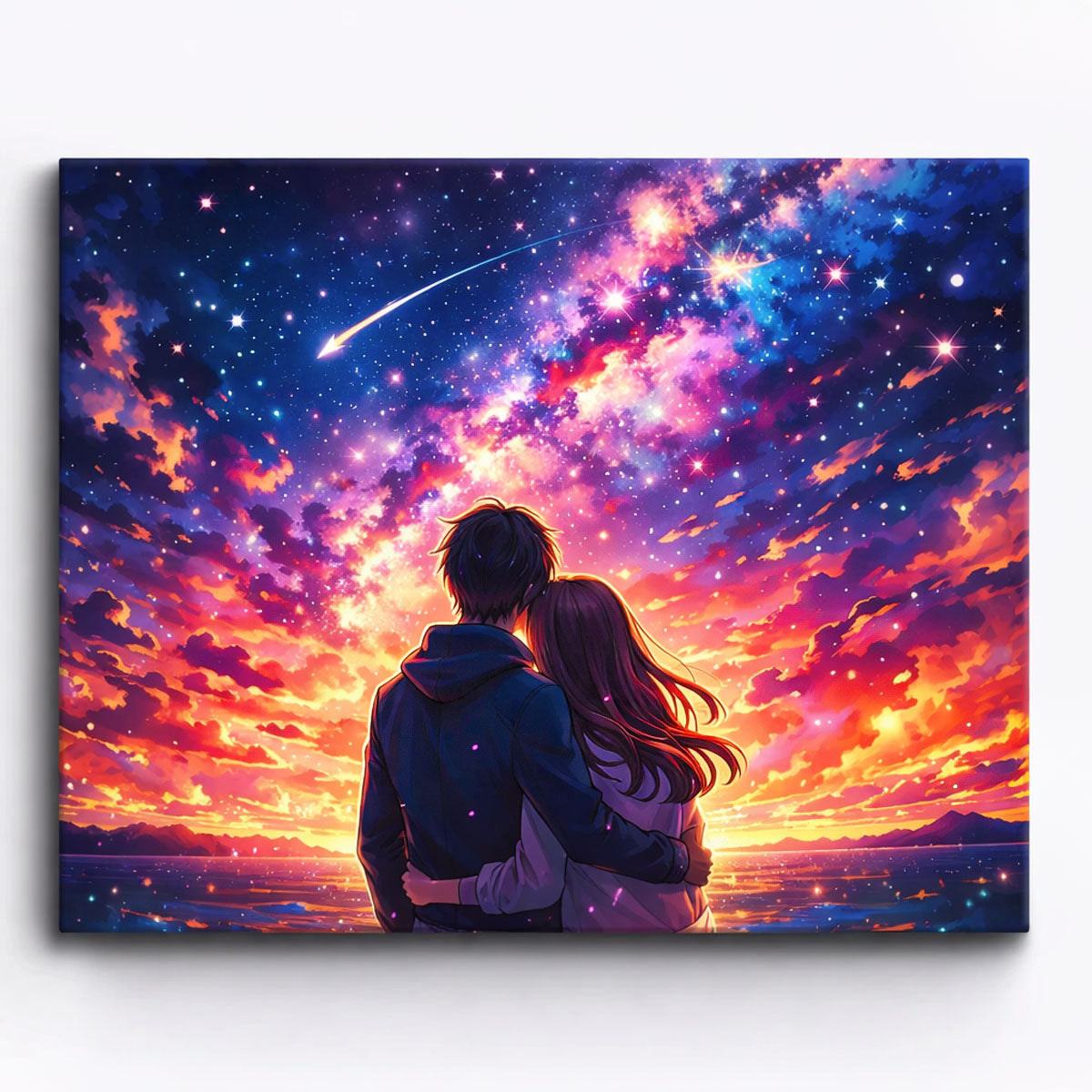anime romantic couple watching colorful sunset sky with shooting stars above ocean paint by numbers design