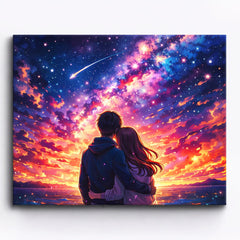 anime romantic couple watching colorful sunset sky with shooting stars above ocean paint by numbers design