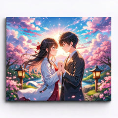 anime romantic couple standing together in sakura garden with lantern lights paint by numbers design