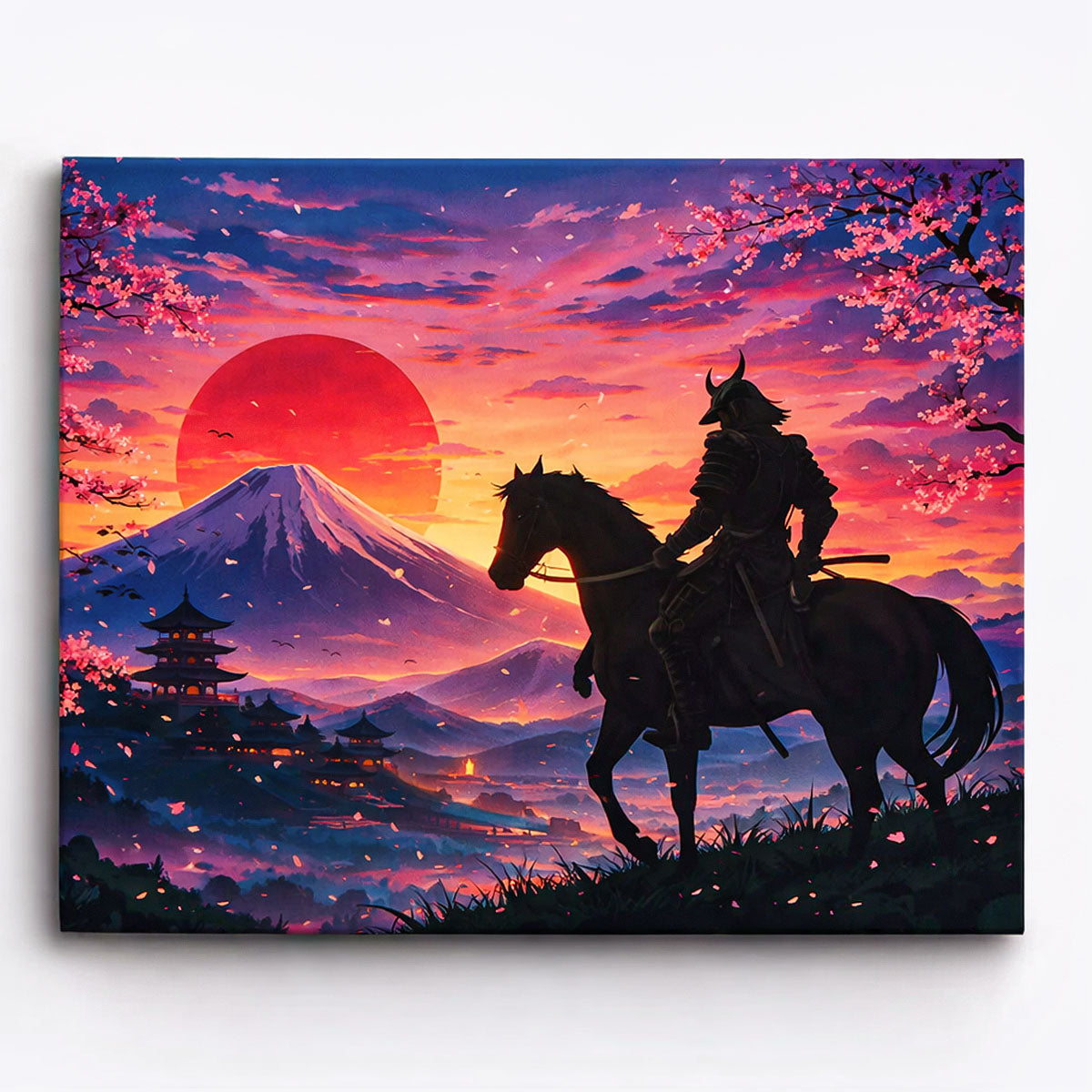 anime samurai rider on horseback overlooking mount fuji at crimson sunset with cherry blossoms and temple silhouettes paint by numbers design