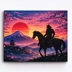 anime samurai rider on horseback overlooking mount fuji at crimson sunset with cherry blossoms and temple silhouettes paint by numbers design