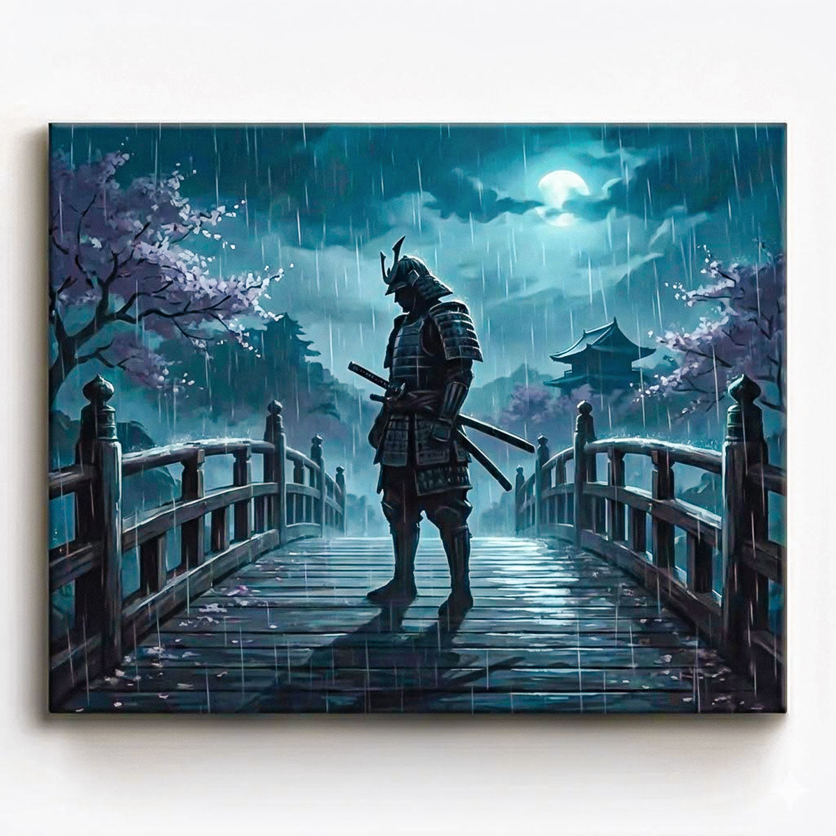 anime samurai standing on wooden bridge in moonlit rain with cherry blossoms and distant temple paint by numbers design