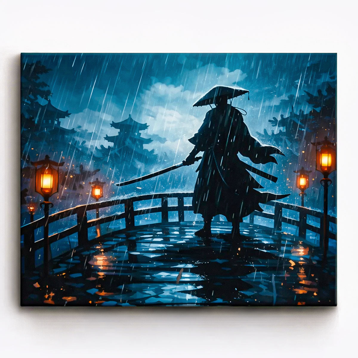 anime warrior silhouette walking across lantern lit bridge in heavy rain with distant japanese temple skyline paint by numbers design