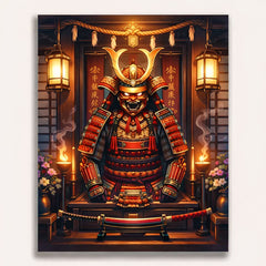 anime samurai guardian armor displayed inside traditional shrine with lanterns ceremonial sword and temple interior paint by numbers design