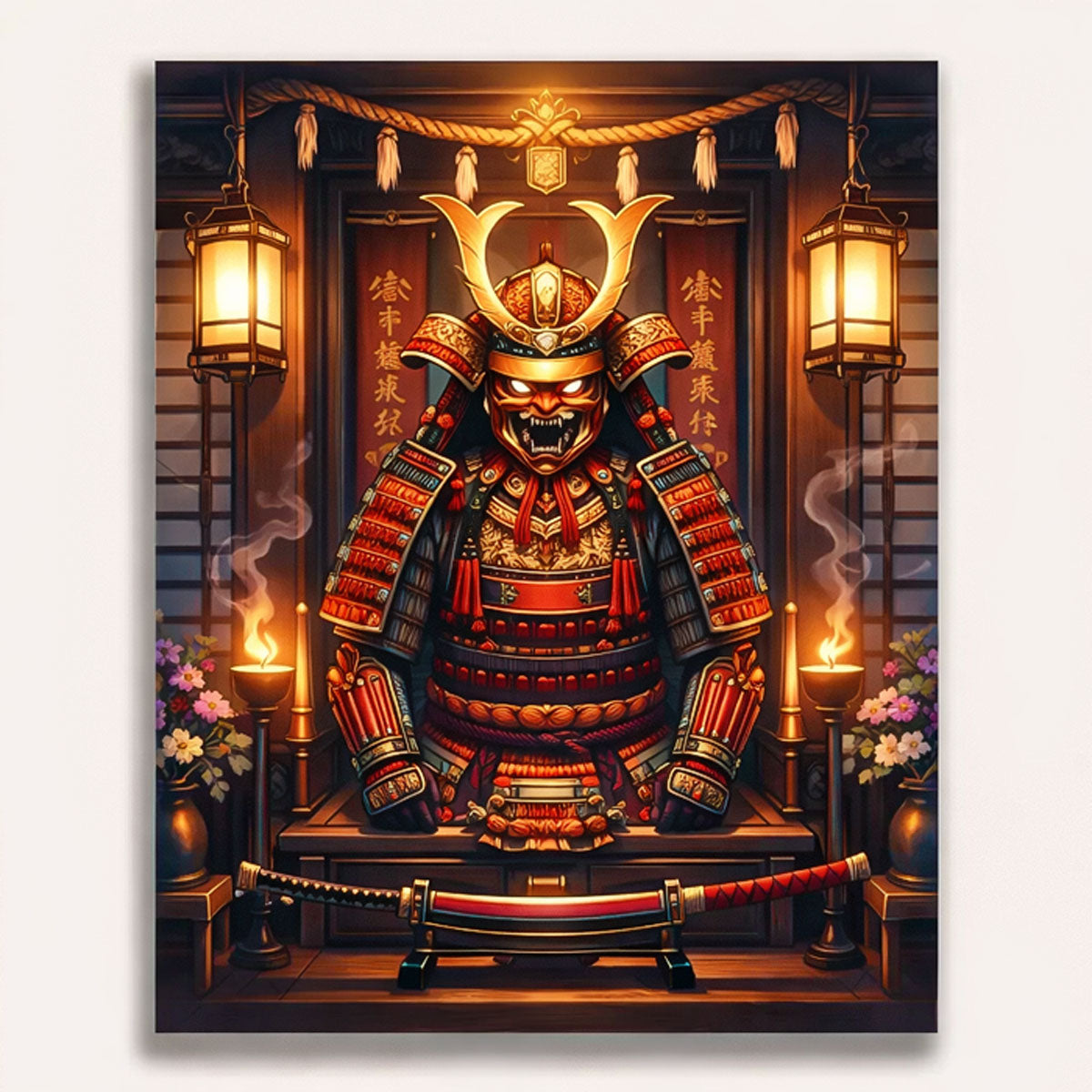anime samurai guardian armor displayed inside traditional shrine with lanterns ceremonial sword and temple interior paint by numbers design