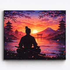 anime warrior meditating by river at sunset with torii gate pagodas and mount fuji silhouette paint by numbers design