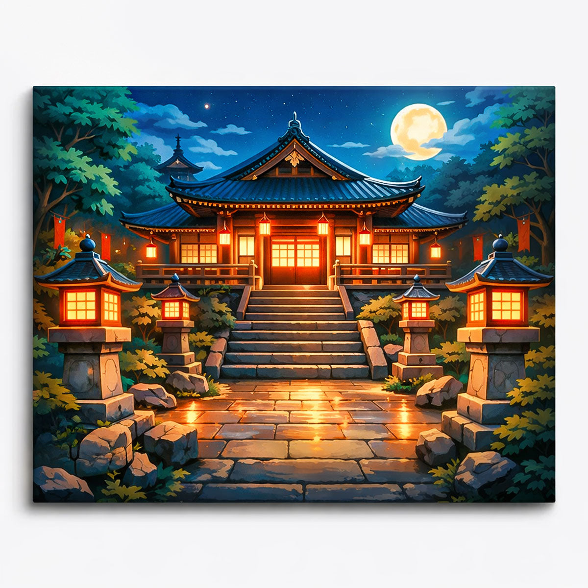 anime japanese temple with glowing lanterns along stone path under full moon night paint by numbers design