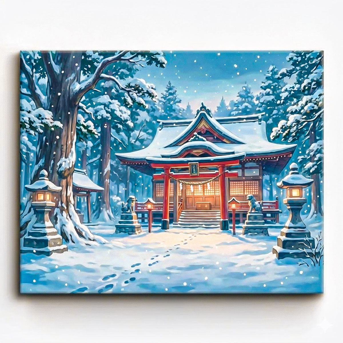 anime japanese shrine in quiet snowfall surrounded by lanterns and forest trees winter paint by numbers design