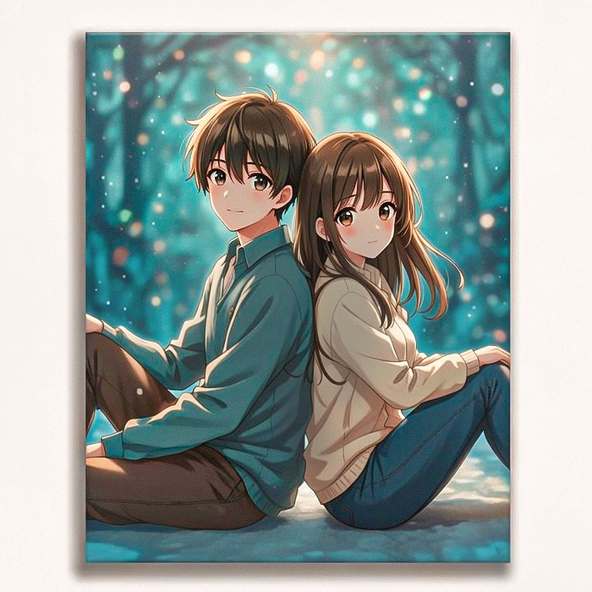 anime romantic couple sitting back to back in soft glowing evening lights paint by numbers design