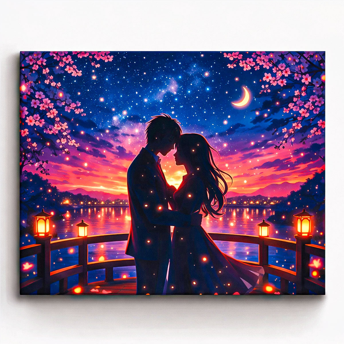 anime romantic couple standing together on bridge under sunset sky and crescent moon paint by numbers design