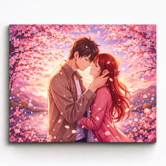 anime romantic couple standing together under cherry blossoms by lake at sunset paint by numbers design