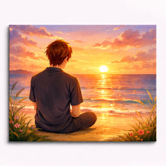 anime character sitting alone on beach watching ocean sunset paint by numbers design