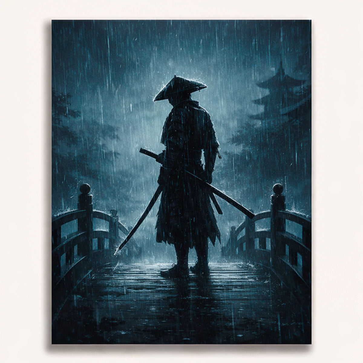 anime lone samurai standing on wooden bridge in heavy rain with distant temple silhouette paint by numbers design