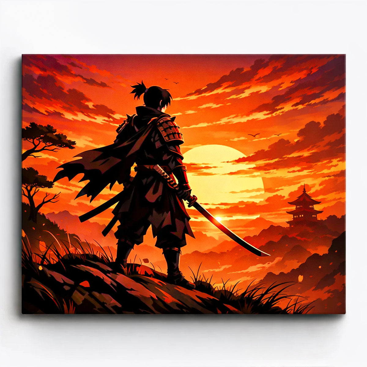 anime samurai warrior standing on hill at crimson sunset with katana and distant temple silhouette paint by numbers design