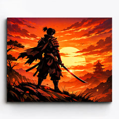 anime samurai warrior standing on hill at crimson sunset with katana and distant temple silhouette paint by numbers design