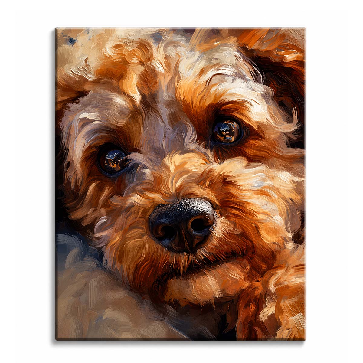 A close-up of an apricot curly-haired puppy with dark eyes and a black nose, painted in soft oil brushstrokes, shown as a paint by numbers canvas.