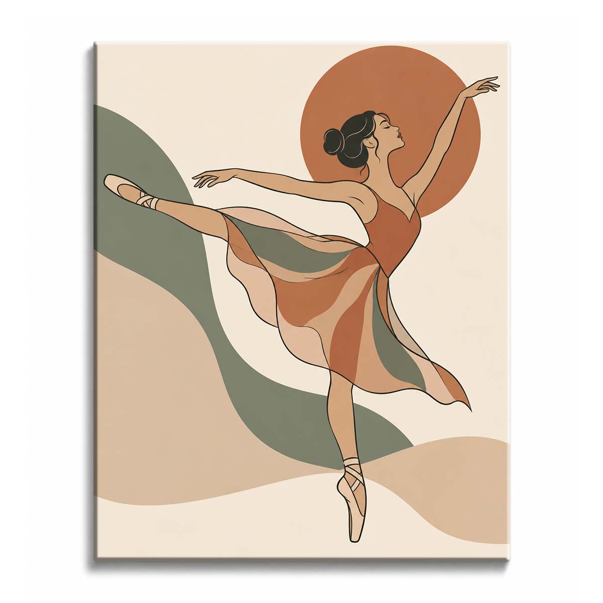A ballerina balances on pointe in arabesque, an arm lifted against a terracotta sun, in a paint by numbers design with sage and sand waves.