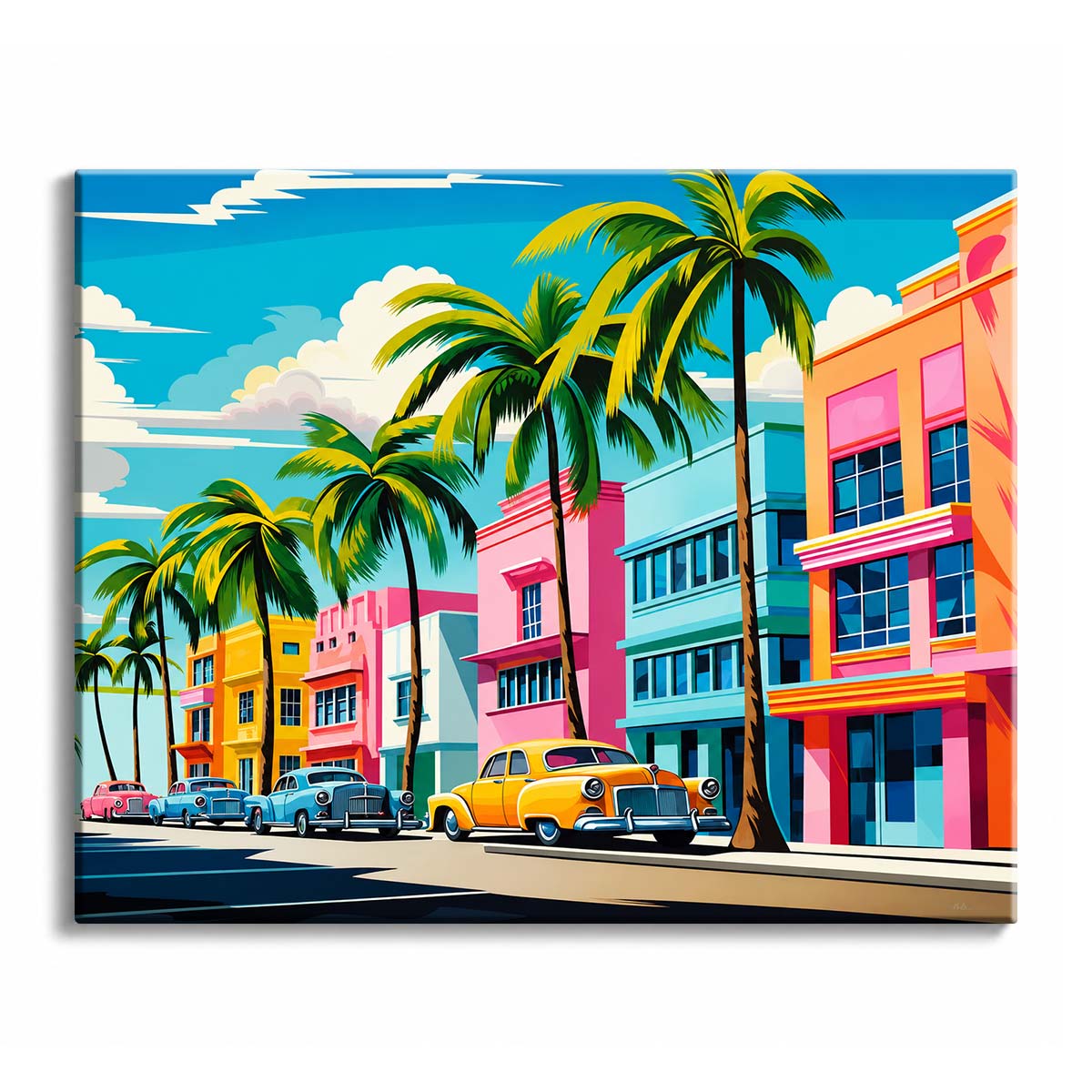 Vintage cars line a sunny boulevard of pink, orange, turquoise, and yellow Art Deco buildings beneath tall palm trees and a bright blue sky.
