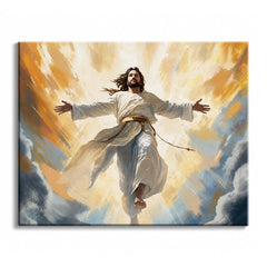 A paint by numbers canvas of Jesus ascending with arms outstretched, robed in white and gold, with radiant light bursting through storm-blue clouds behind him.