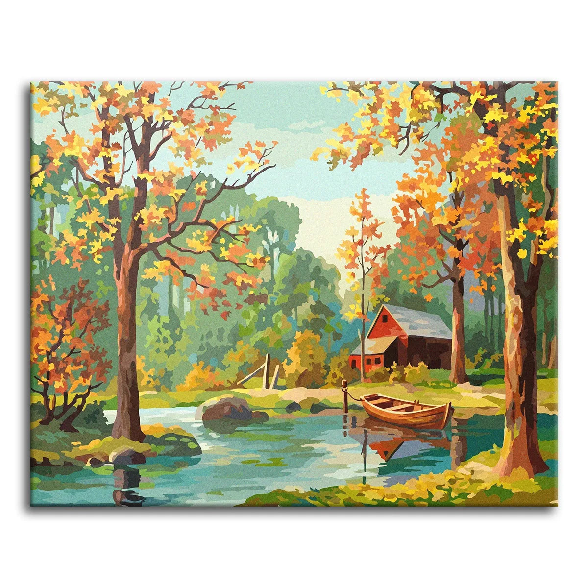 A paint by numbers autumn scene with a red cabin by a still lake, golden trees, and a wooden rowboat at the shore.